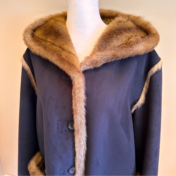 Dennis Basso Faux Fur and Suede Winter Coat Reversible Brown and Black Size Lg - Picture 4 of 9